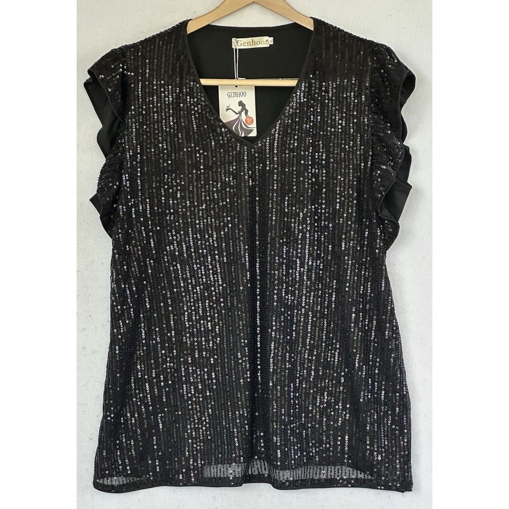 Formal Black Sequin Blouse Ruffle Cap Sleeves V-Neck Chic Women's Size XL